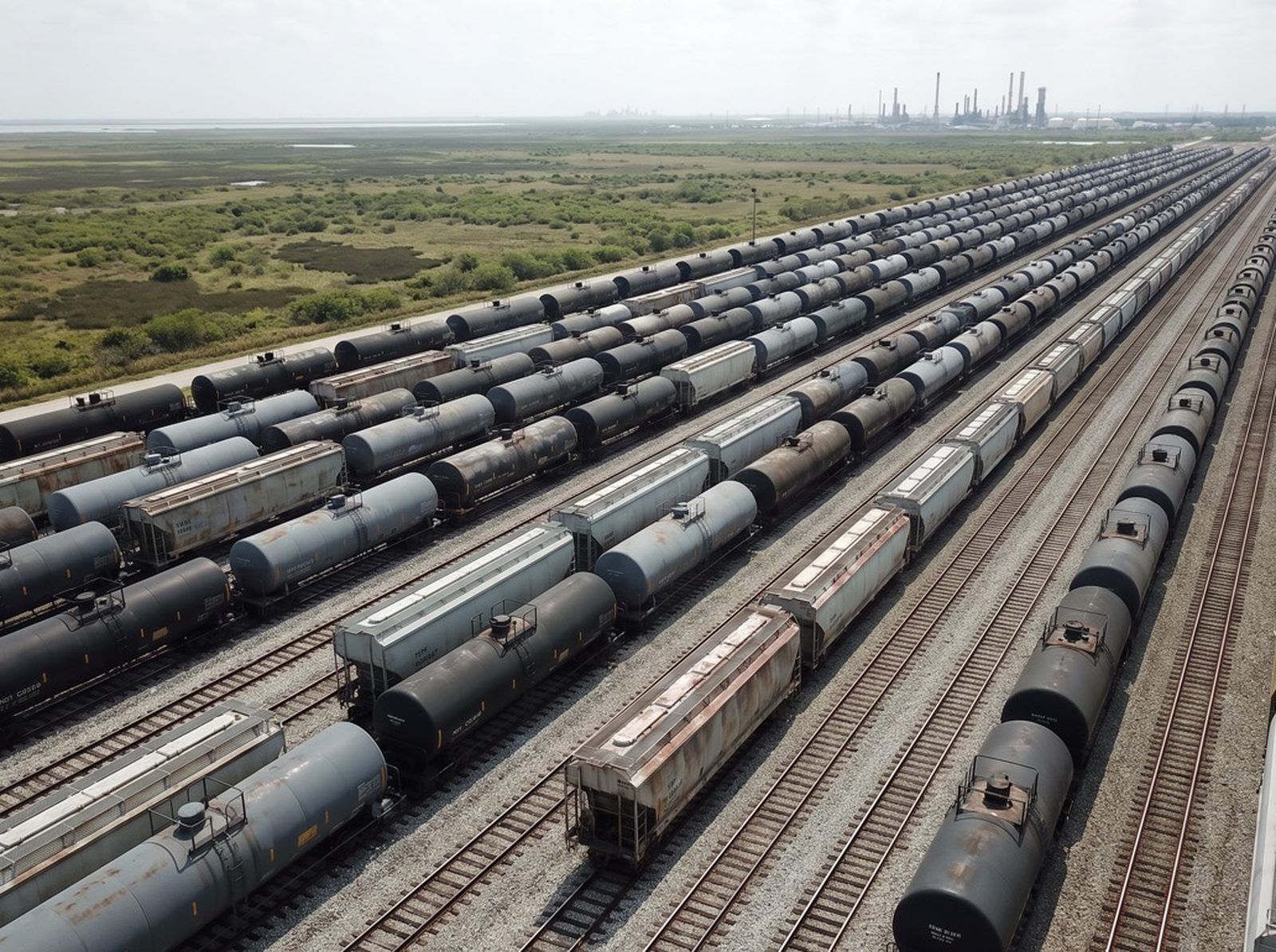 Rows of stored tank cars in a Gulf Coast railyard
