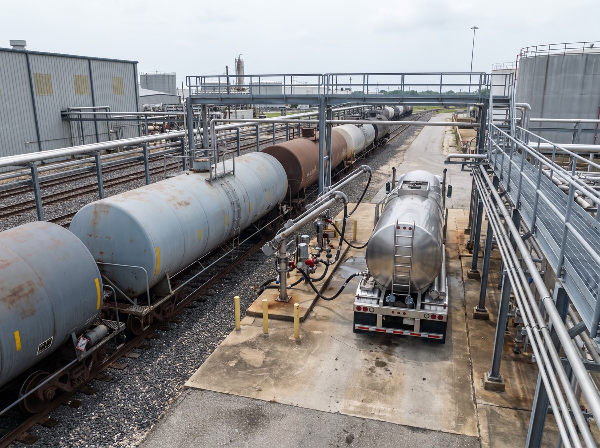 Rail transloading pad with tank cars and tanker truck